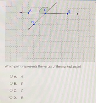 A E B D Which point represents the vertex of the marked angle? A. A B. E C.C D.B