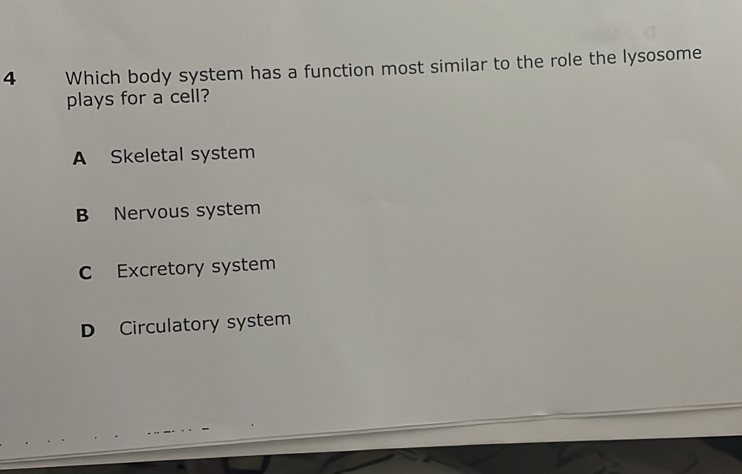 4 Which body system has a function most similar to the role the lysosome plays for a cell? A Skeletal system B Nervous system C Excretory system D Circulatory system