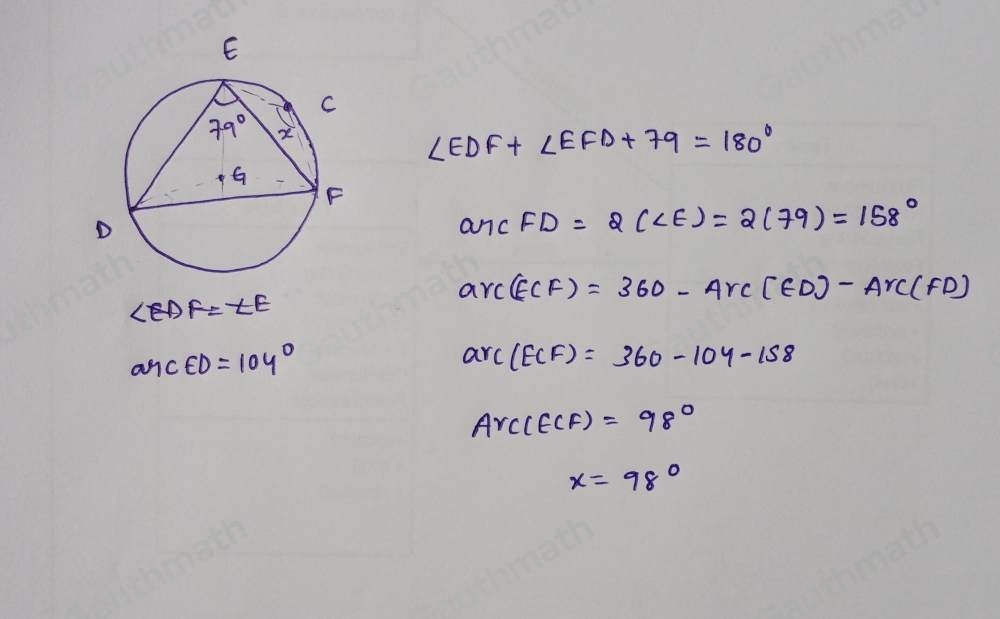 What is the measure of arc ECF in circle G? 52 ° 98 ° 158 ° 177 °