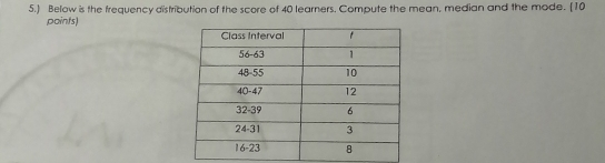 5. Below is the frequency distribution of the score of 40 learners. Compute the mean, median and the mode. 10 points