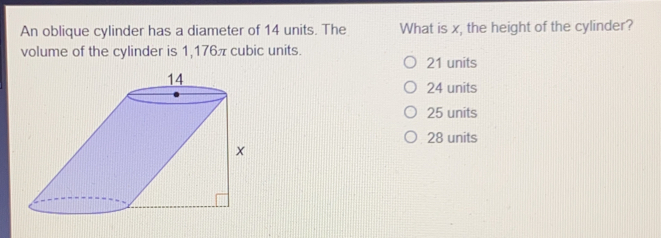 An oblique cylinder has a diameter of 14 units. The What is x, the height of the cylinder? volume of the cylinder is 1,176π cubic units. 21 units 24 units 25 units 28 units