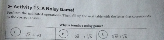 Activity 15: A Noisy Game! Perform the indicated operations. Then, fill up the next table with the letter that corresponds to the correct answer. Why is tennis a noisy game? E square root of 2+ square root of 3 P cube root of8 / cube root of6 R square root of [4]36 / square root of [4]6