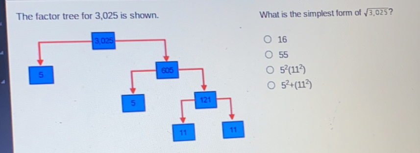 The factor tree for 3,025 is shown. What is the simplest form of square root of 3,025 ? 16 55 52112 52+112