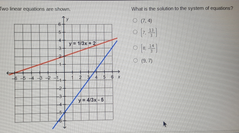 Two linear equations are shown. What is the solution to the system of equations? 7,4 7, 13/3 8, 14/3 9,7