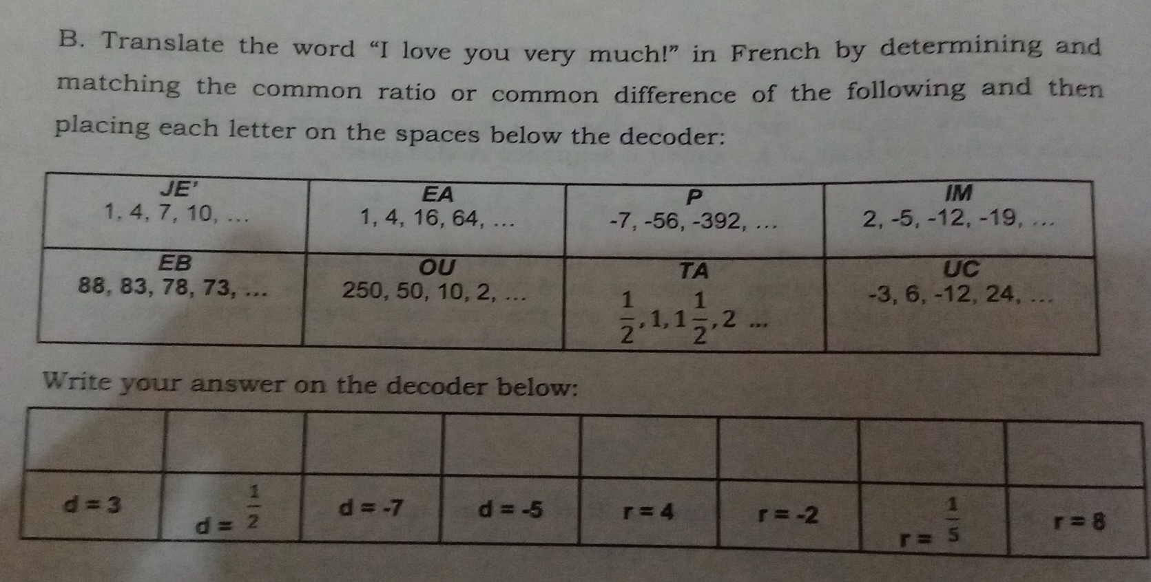 B. Translate the word “I love you very much!” in French by determining and matching the common ratio or common difference of the following and then placing each letter on the spaces below the decoder: Write your answer on the decoder below: d=3 d= 1/2 d=-7 d=-5 r=4 r=-2 r= 1/5 r=8