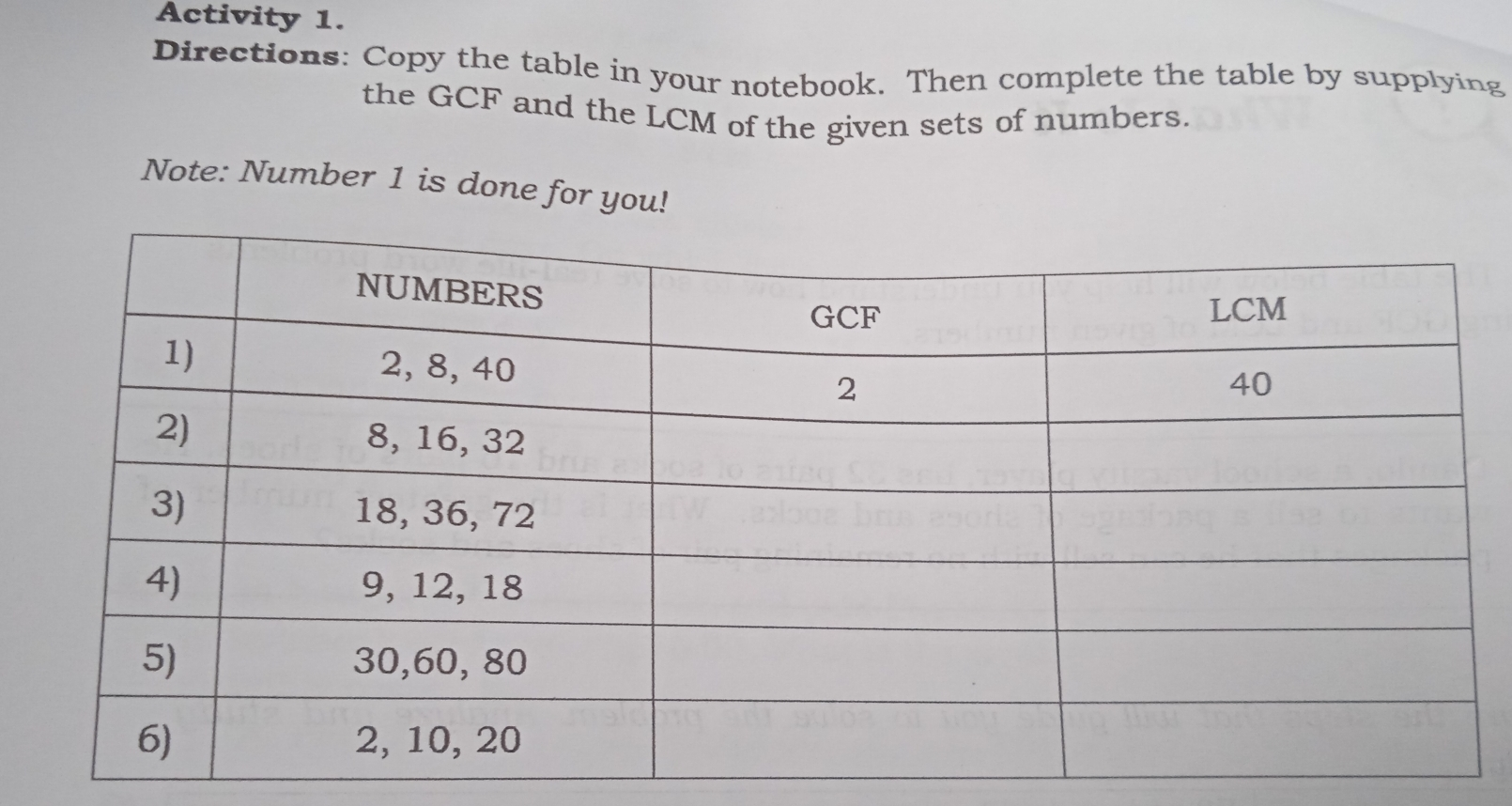 Activity 1. Directions: Copy the table in your notebook. Then complete the table by supplying the GCF and the LCM of the given sets of numbers. Note: Number 1 is done for you!