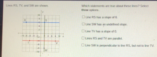 Lines RS, TV, and SW are shown. Which statements are true about these lines? Select three options. Line RS has a slope of 6. Line SW has an undefined slope. Line TV has a slope of 0 Lines RS and TV are parallel. Line SW is perpendicular to line RS, but not to line TV.