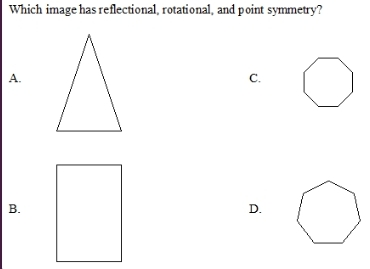 Which image has reflectional, rotational, and point symmetry? A. C. B. D.