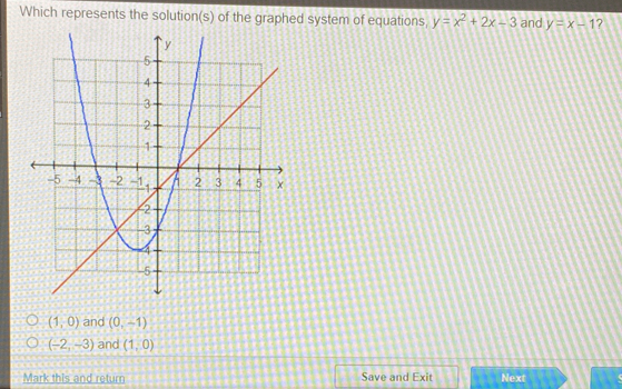 Which represents the solutions of the graphed system of equations, y=x2+2x-3 and y=x-1 ? 1,0 and 0,-1 -2,-3 and 1,0 Mark this and return Save and Exit Next