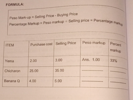 FORMULA: Peso Mark-up = Selling Price - Buying Price Percentage Markup = Peso markup ÷ Selling price = Percentage markp