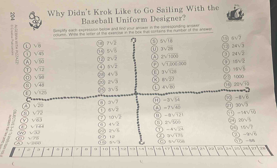 Why Didn't Krok Like to Go Sailing With the Baseball Uniform Designer? Simplify each expression below and find your answer in the corresponding answer column. Write the letter of the exercise in the box that contains the number of the answer. L 5 square root of 18 19 6 square root of 7 square root of 8 18 7 square root of 2 24 square root of 3 U 3 square root of 28 1 square root of 45 14 5 square root of 5 a 2 square root of 1000 a 24 square root of 2 A square root of 50 12 2 square root of 2 P square root of 1,000,000 9 15 square root of 2 T square root of 12 4 5 square root of 2 28 4 square root of 3 E 3 square root of 128 5 16 square root of 5 o square root of 98 ②③ 1000 20 2 square root of 3 K 8 square root of 27 s square root of 48 25 3 square root of 5 L 4 square root of 80 16 20 square root of 10 E square root of 125 8 3 square root of 7 H -3 square root of 54 10 -8 square root of 6 A square root of 20 21 30 square root of 3 1 6 square root of 2 A -7 square root of 40 s square root of 72 7 10 square root of 2 B -8 square root of 121 a -14 square root of 10 Y square root of 63 24 20 square root of 5 E square root of 144 6 4 square root of 2 s 2 square root of 500 w square root of 32 22 2 square root of 5 T -4 square root of 24 26 15 square root of 7 hau D square root of 75 27 12 Z 3 square root of 175 2 -9 square root of 6 7 200 ① 5 square root of 3 C 5 square root of 108 7 -88 1 2 3 4 5 6 7 8 9 10 1 1 12 13 14 15 16 17 18 19 20 21 22 25 ° 2A 25 26 27 28
