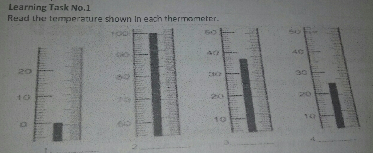 Learning Task No.1 Read the temperature shown in each thermometer. _ 2 _