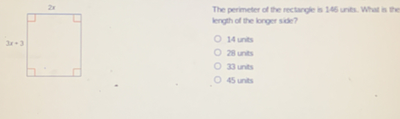 The perimeter of the rectangle is 146 units. What is the length of the longer side? 14 units 28 units 33 units 45 units