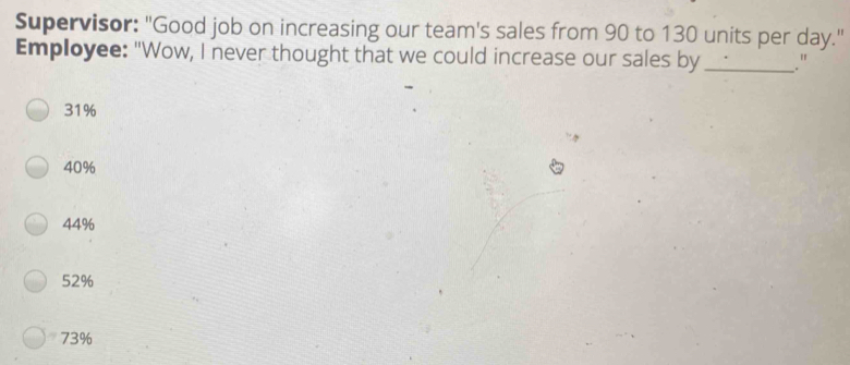 Supervisor: "Good job on increasing our team's sales from 90 to 130 units per day." Employee: "Wow, I never thought that we could increase our sales by _." 31% 40% 44% 52% 73%