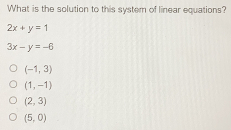 What is the solution to this system of linear equations? 2x+y=1 3x-y=-6 -1,3 1,-1 2,3 5,0