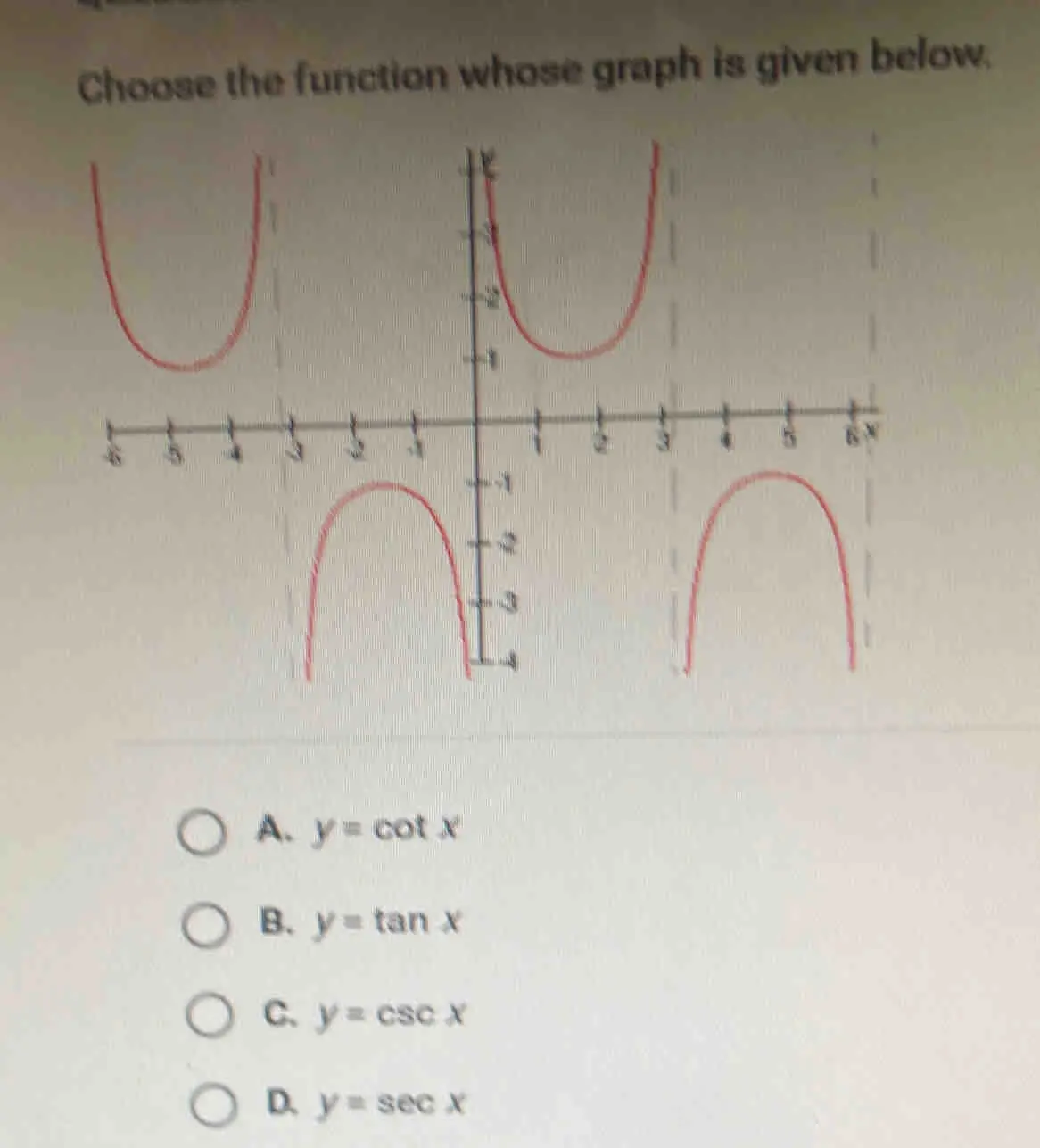Choose the function whose graph is given below. A. y=cot x B. y=tan x C. y=csc x D. y=sec x