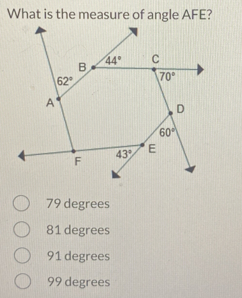 What is the measure of angle AFE? 79 degrees 81 degrees 91 degrees 99 degrees