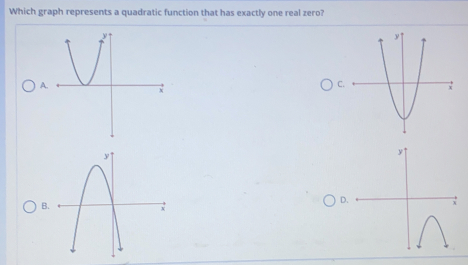 Which graph represents a quadratic function that has exactly one real zero? A. c、 B. D